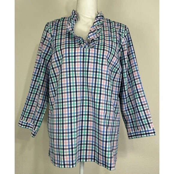 Talbots Petite No Iron Multi Color Ruffle-Neck Popover Gingham Tunic Size 16P - Picture 2 of 13